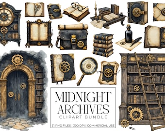 Puede incluir: Una colección de ilustraciones de temática steampunk con relojes, libros, engranajes y una estantería de estilo vintage con una escalera. La paleta de colores incluye tonos de marrón, dorado y negro, creando una estética clásica y antigua. También se incluye el texto "MIDNIGHT ARCHIVES".