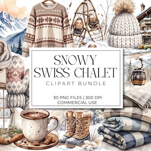 Pode incluir: Ilustração em aquarela de uma cena de inverno com um chalé suíço aconchegante e vários itens de inverno. Inclui um suéter, raquetes de neve, um chapéu, um cachecol, luvas, uma caneca de chocolate quente, botas, cobertores e esquis.