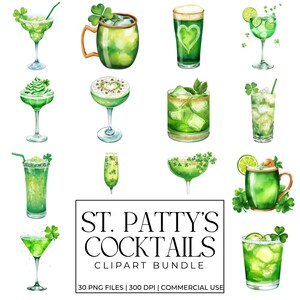 May include: Watercolor illustrations of various green cocktails, each garnished with shamrocks or citrus. The image includes a variety of glassware, from martini glasses to mugs, and the text "ST. PATTY'S COCKTAILS CLIPART BUNDLE".