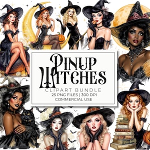 Puede incluir: Un paquete de arte digital con ilustraciones de pin-ups de brujas. Las imágenes muestran a mujeres con vestidos negros y sombreros de bruja. Algunas imágenes incluyen calabazas, escobas y un gato negro. Se muestra el texto "Pinup Witches Clipart Bundle".