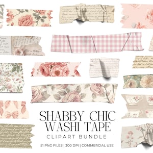 May include: A collection of washi tape strips in various designs, including floral patterns, script, and gingham. The color palette features soft pinks, creams, and greens, with a distressed, vintage aesthetic. Text on the image reads "SHABBY CHIC WASHI TAPE CLIPART BUNDLE".