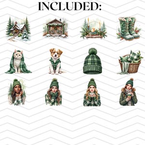 Puede incluir: Una colecci&oacute;n de ilustraciones digitales con temas de invierno y festivos, que incluyen caba&ntilde;as, pinos, un gato con una manta de cuadros verdes, un cachorro, un gorro de punto verde, una cesta de cojines, un sof&aacute; y personas con ropa de invierno.