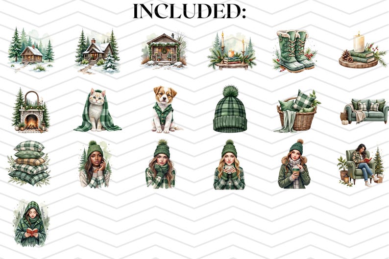 Puede incluir: Una colecci&oacute;n de ilustraciones digitales con temas de invierno y festivos, que incluyen caba&ntilde;as, pinos, un gato con una manta de cuadros verdes, un cachorro, un gorro de punto verde, una cesta de cojines, un sof&aacute; y personas con ropa de invierno.