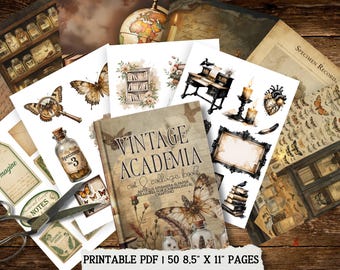 May include: A collection of vintage-themed ephemera, including a book titled "Vintage Academia," butterfly illustrations, and botanical elements. The image includes a pair of scissors, a magnifying glass, and a bottle. The pages are 8.5" x 11".