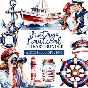 Vintage nautische Clipart Bundle, Sailor Clip Art, rot, weiß und blau Meer Scrapbook Grafiken, Junk Journal, Sublimation, kommerzielle Nutzung