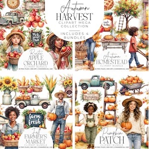 May include: A digital clipart collection featuring four autumn-themed bundles: Rustic Apple Orchard, Autumn Homestead, Fall Farmer's Market, and Pumpkin Patch. The images include people, trucks, pumpkins, apples, sunflowers, and farm signs.