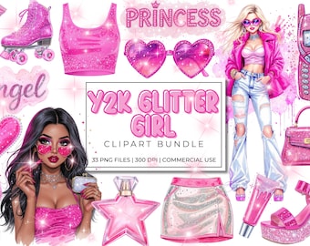 Y2K Glitter Girl Clipart Bundle | Pink Sparkly 2000s Aesthetic PNG Stickers | Retro Fashion, Butterflies, Hearts, Princess, Nostalgia Art