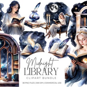Midnight Library Clipart Bundle | Magical Celestial Fantasy PNG | Enchanted Books & Mystical Graphics | Moon and Stars Night Junk Journal