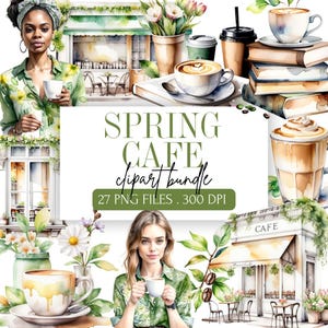 Frühlings Café Aquarell Clipart Bundle | Gemütliche Kaffeestube Grafik | Grüne Café ästhetik | Kaffee und Pflanzen digitaler Download | Junk Journal