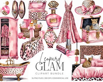 Pink & Leopard Print Glam Clip Art | Luxury Fashion Spa PNG | Pink Chic Scrapbook Aesthetic | Girly Beauty Graphics | Branding Elements