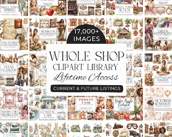 Può includere: Un collage digitale di vari pacchetti di clipart ad acquerello con temi come Vintage Schoolhouse, Cabinet Curiosities e Cottagecore. Il testo centrale recita 17,000+ IMAGES WHOLE SHOP CLIPART LIBRARY Lifetime Access CURRENT & FUTURE LISTINGS.