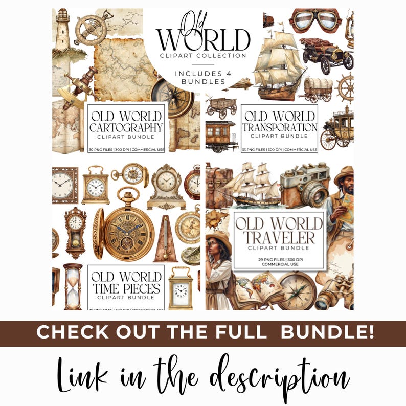Alte Welt Reisende Clipart Bundle | 50+ antike Reise PNGs | Vintage Landkarten, Globen, Koffer Grafiken, Ephemera für Junk Journals & Planer Bild 7