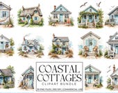 Coastal Cottages Watercolor Clipart, Light Blue Beach Houses, Rustic Seaside Homes, Cottagecore Cabins, Planner Scrapbook Journal PNG Bundle