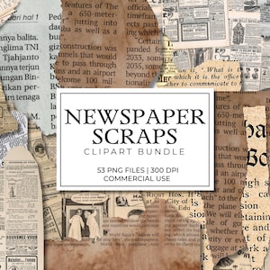 Puede incluir: Un collage de recortes de periódicos antiguos con bordes rasgados, con varios artículos y titulares en blanco y negro. La imagen incluye un rectángulo blanco con el texto "NEWSPAPER SCRAPS CLIPART BUNDLE".