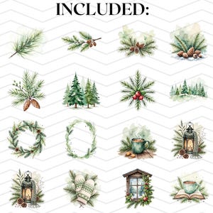 Puede incluir: Una colecci&oacute;n de ilustraciones en acuarela con temas de invierno y festividades, que incluye ramas de pino, pi&ntilde;as, &aacute;rboles de hoja perenne, coronas, una taza humeante, un farol, manoplas, un marco de ventana, un libro abierto y una vela.