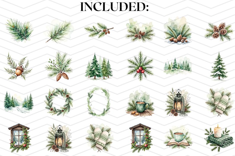 Puede incluir: Una colecci&oacute;n de ilustraciones en acuarela con temas de invierno y festividades, que incluye ramas de pino, pi&ntilde;as, &aacute;rboles de hoja perenne, coronas, una taza humeante, un farol, manoplas, un marco de ventana, un libro abierto y una vela.