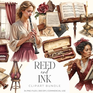 Può includere: Pacchetto di clipart ad acquerello con strumenti musicali e musicisti. L'immagine include un clarinetto, un flauto, spartiti e una donna che suona il clarinetto. La tavolozza dei colori include sfumature di marrone, rosso e beige. È visibile anche il testo "REED and INK".