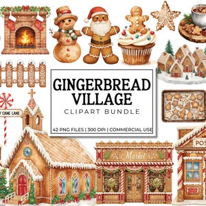 Pode incluir: Ilustrações em aquarela de uma vila de pão de gengibre, incluindo casas, biscoitos e decorações festivas. A imagem apresenta um boneco de neve de pão de gengibre, o Papai Noel e um cupcake. O texto diz "GINGERBREAD VILLAGE CLIPART BUNDLE".