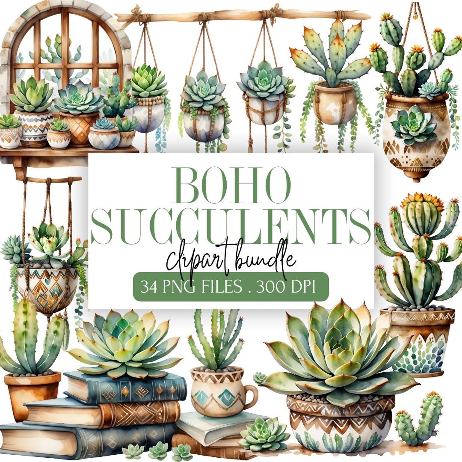 Boho Succulent Clipart Bundle | Watercolor Cactus PNG | Desert Plants ...