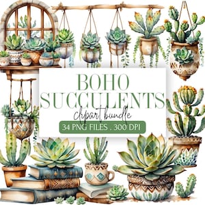 Boho Sukkulenten Clipart Bundle | Aquarell Kaktus PNG | Wüsten Pflanzen digitaler Download für Aufkleber, Einladungen | Boho Pflanzengrafik