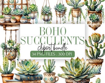 Boho Succulent Clipart Bundle | Watercolor Cactus PNG | Desert Plants Digital Download for Stickers, Invitations | Bohemian Plant Graphics