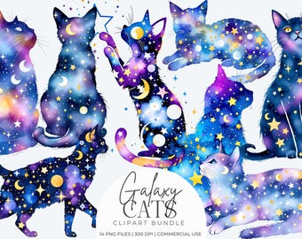 Galaxy Cat Clipart Bundle PNG – Himmelska katter, akvarell kosmisk kattunge, sublimering, häxkattkonst, mystiska djurgrafik, rymdkatter