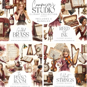 以下が含まれることがあります： 「Composer's Studio」と題されたデジタルアートコレクション。4つのバンドルが含まれています。「Gilded Brass」、「Reed and Ink」、「The Piano Room」、「Velvet Strings」。ヴィンテージスタイルの楽器、楽譜、イラストが特徴です。