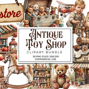 May include: Watercolor illustration of an antique toy shop with various toys, including teddy bears, a toy train, building blocks, and a rocking horse. The sign reads "Toy Store".