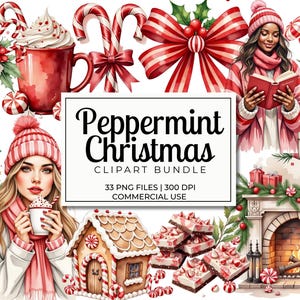 Può includere: Illustrazione ad acquerello di un pacchetto di clipart di Peppermint Christmas. L'immagine presenta una donna con cappello e sciarpa rosa, una casa di pan di zenzero, bastoncini di zucchero, un camino e regali. Il testo recita "Peppermint Christmas Clipart Bundle".
