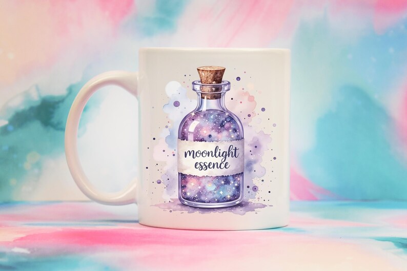 May include: White ceramic mug featuring a watercolor illustration of a potion bottle with a cork stopper. The bottle is filled with a galaxy design and the words "moonlight essence" are printed on a label. The background is a colorful watercolor wash.