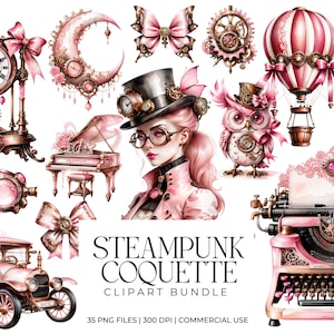 Rosa Coquette Steampunk Clipart-paket | Feminin viktoriansk grafik | Kugghjul, spets, rosor och vintage glam PNG | Digital nedladdning av scrapbook