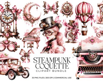 Pink Coquette Steampunk Clipart Bundle | Feminine Victorian Graphics | Gears, Lace, Roses & Vintage Glam PNG | Digital Download Scrapbook
