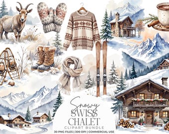 Snowy Swiss Chalet Clipart Bundle | Cozy Alpine Winter PNGs | Rustic Cabin, Fireplace, Ski Lodge, Cocoa, Mountains | Apres Ski Graphics
