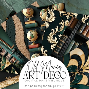 Puede incluir: Un conjunto de hojas de papel digital con el tema "Old Money Art Deco". Los diseños presentan globos terráqueos, estanterías y patrones ornamentados en tonos verdes, dorados y beige. El paquete incluye 32 archivos JPG, cada uno de 21,59 cm x 27,94 cm a 300 DPI.