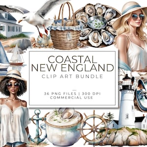 Küsten New England Clipart-Bundle | Nautische Sommerästhetik PNGs | Hummer, Leuchtturm, Cape Cod, Meer Küste Digital Art Grafiken
