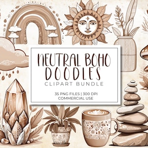 May include: A collection of neutral boho doodles in sepia tones. The image includes illustrations of a rainbow, sun, mushroom, cloud, crystal, dandelion, coffee cup, and other bohemian-style elements. Text reads "NEUTRAL BOHO DOODLES CLIPART BUNDLE".