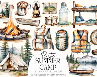 Rustic Summer Camp Clipart | Cozy Cabin, Forest Adventure, Tent, Campfire, Retro Nature Graphics for Crafts, Sublimation, Stickers | PNG Set