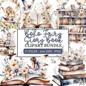 Boho Fairy Story Book Clipart, Fantasy Book Clip Art, Magical Library Graphics, Fairy Tale Book Illustrations, Book Lover, Commercial Use