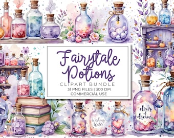 Pastel Fairy Tale Potion Clipart Bundle | Magical Bottles, Herbs, Spells, Elixirs, Fantasy Witchy Graphics, PNG for Junk Journals, Scrapbook