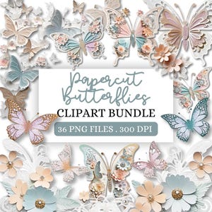 Pastel Papercut Butterflies Clipart Bundle – 3D Pastel Butterfly Ephemera for Scrapbooking and Junk Journals | Sparkly Butterfly Graphics