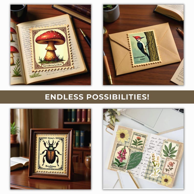 K&ouml;nnte beinhalten: Eine Sammlung botanischer Illustrationen und Briefmarken im Vintage-Stil. Die Bilder zeigen eine Pilzzeichnung in einem Tagebuch, eine Specht-Briefmarke auf einem Umschlag, eine gerahmte K&auml;ferillustration und eine Collage von Blumenbriefmarken. Der Text "ENDLESS POSSIBILITIES!" ist ebenfalls vorhanden.
