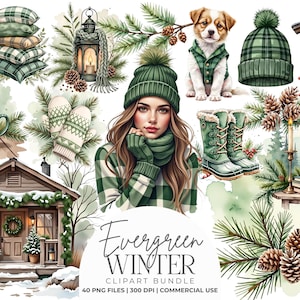 Puede incluir: Un paquete de im&aacute;genes predise&ntilde;adas digitales titulado Evergreen Winter que presenta ilustraciones en acuarela de un gato con una manta a cuadros, un cachorro con chaleco, una persona con gorro verde, una caba&ntilde;a, ramas de pino y pi&ntilde;as.