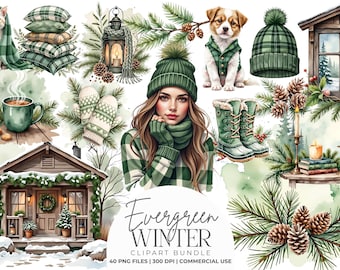Puede incluir: Un paquete de imágenes prediseñadas digitales titulado Evergreen Winter que presenta ilustraciones en acuarela de un gato con una manta a cuadros, un cachorro con chaleco, una persona con gorro verde, una cabaña, ramas de pino y piñas.