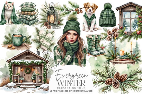 Winter Evergreen Watercolor Clipart Bundle, Snowy Pine Branch, Trees, Forest Greenery, Cozy Cabin Lifestyle Graphics, Winter Botanical PNGs