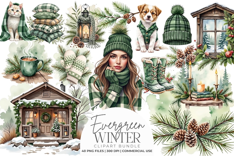 Puede incluir: Un paquete de im&aacute;genes predise&ntilde;adas digitales titulado Evergreen Winter que presenta ilustraciones en acuarela de un gato con una manta a cuadros, un cachorro con chaleco, una persona con gorro verde, una caba&ntilde;a, ramas de pino y pi&ntilde;as.