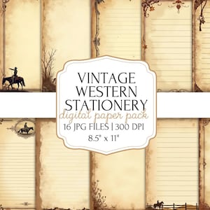 Pacote de papel digital para papelaria vintage western - papel envelhecido de cowboy - escrita rústica de cartas do velho oeste - páginas de diário de lixo para impressão, álbum de recortes