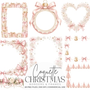 Op de afbeelding: Een verzameling digitale kerst-randen en kaders in zachte roze en gouden tinten. De set bevat rechthoekige, ronde en hartvormige ontwerpen versierd met strikken, cadeautjes, klokjes, sneeuwvlokken en kleine kerstbomen.