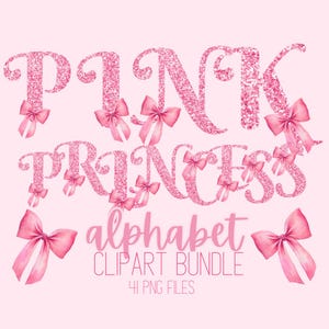 Paquete de imágenes prediseñadas del alfabeto de princesa rosa / Lindas letras y números rosados PNG / Lazos y estética femenina / Alfabeto digital para invitaciones
