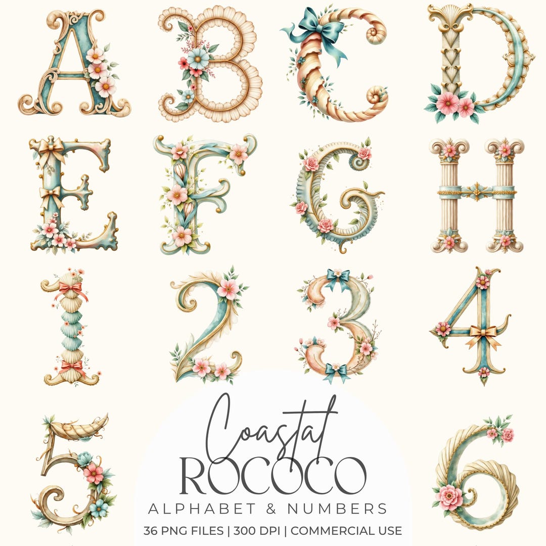 Letter Form Rococo Coastal Rococo Alphabet & Numbers Clipart Bundle, Shell Letter Set ...