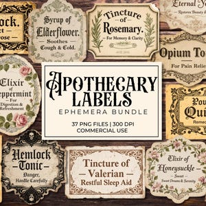 Könnte beinhalten: Eine Sammlung von Vintage-Apothekenetiketten mit verzierten Rahmen und botanischen Illustrationen. Die Etiketten zeigen Texte wie "Hemlock Extract", "Elixir of Peppermint" und "Opium Tonic". Das Bild enthält ein zentrales Etikett mit der Aufschrift "APOTHECARY LABELS EPHEMERA BUNDLE."